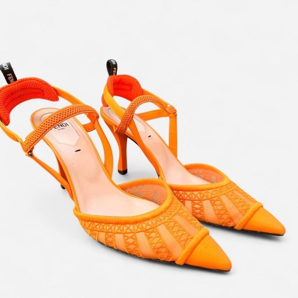 Fendi Shoes - Fendi Colibri Orange Mesh Slingback Pumps Neon Pointed Toe Kitten Heels 36.5
